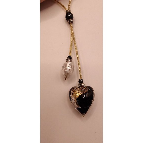 Vintage Gold Tone Clear Navy Clear Glass Beads Heart Necklace Earring Set - Picture 13 of 14